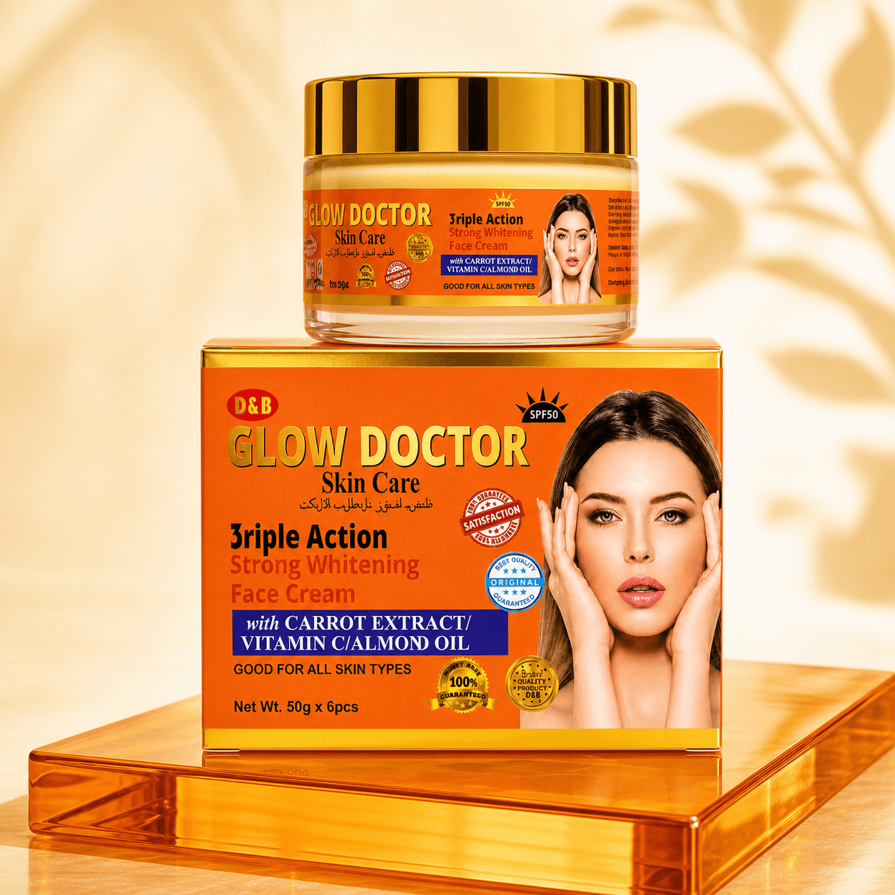 Ultra-sharp studio view of the GLOW DOCTOR Triple Action jar and orange product box